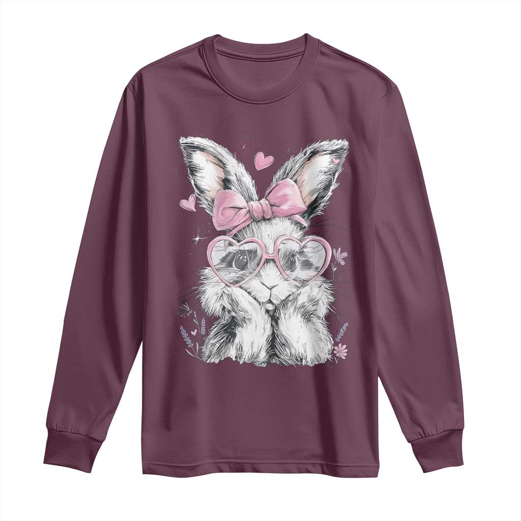 Cute Easter Bunny with Heart Glasses Pink Bow Long Sleeve Shirt Adorable Rabbit Love Aesthetic Gift