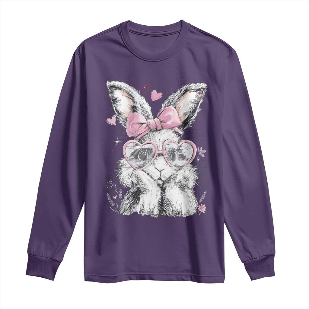 Cute Easter Bunny with Heart Glasses Pink Bow Long Sleeve Shirt Adorable Rabbit Love Aesthetic Gift