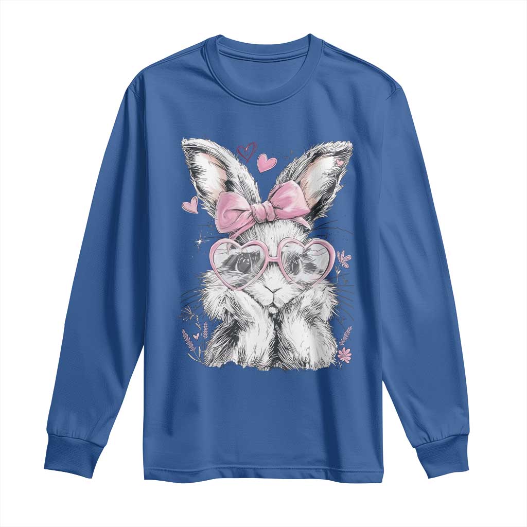 Cute Easter Bunny with Heart Glasses Pink Bow Long Sleeve Shirt Adorable Rabbit Love Aesthetic Gift