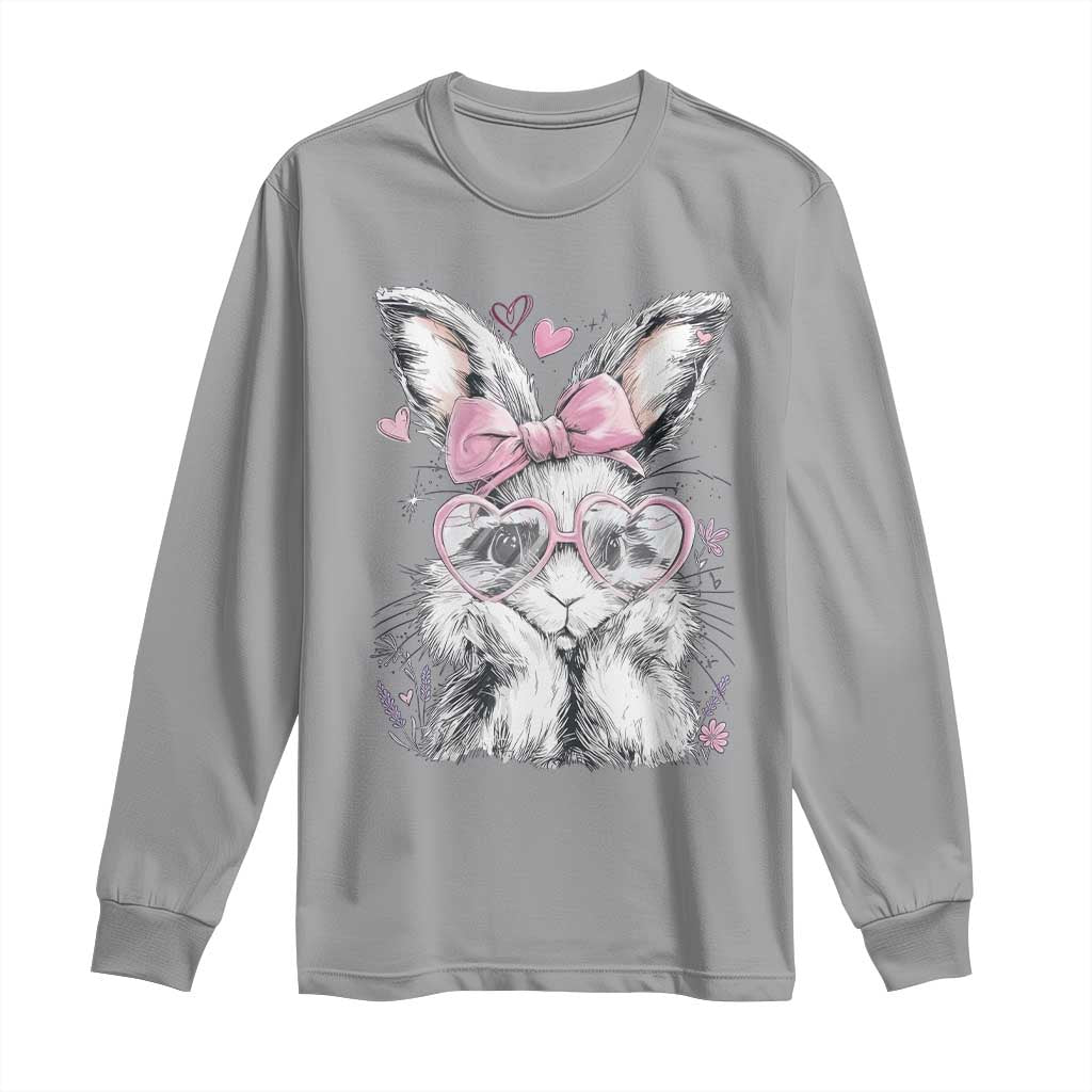 Cute Easter Bunny with Heart Glasses Pink Bow Long Sleeve Shirt Adorable Rabbit Love Aesthetic Gift