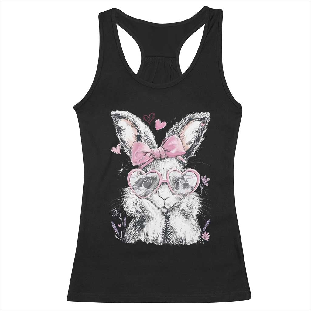 Cute Easter Bunny with Heart Glasses Pink Bow Racerback Tank Top Adorable Rabbit Love Aesthetic Gift
