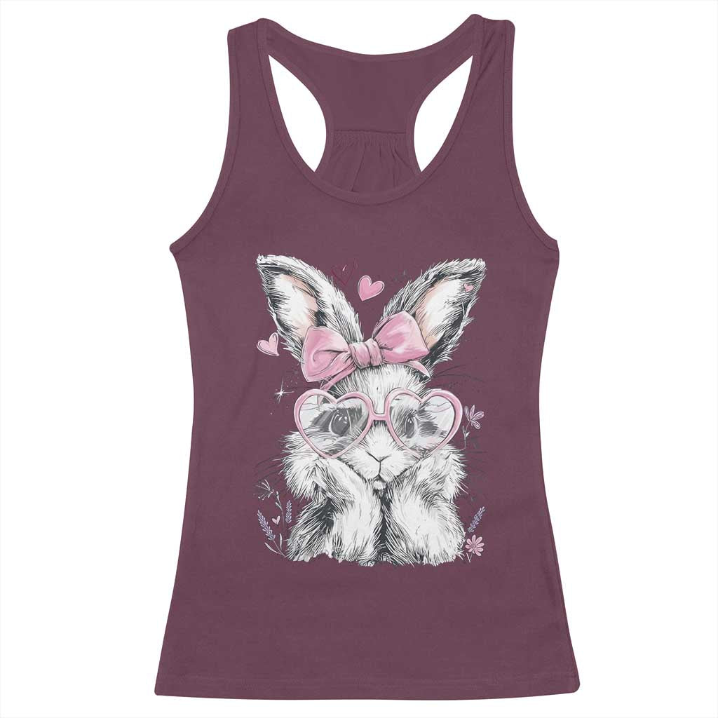 Cute Easter Bunny with Heart Glasses Pink Bow Racerback Tank Top Adorable Rabbit Love Aesthetic Gift