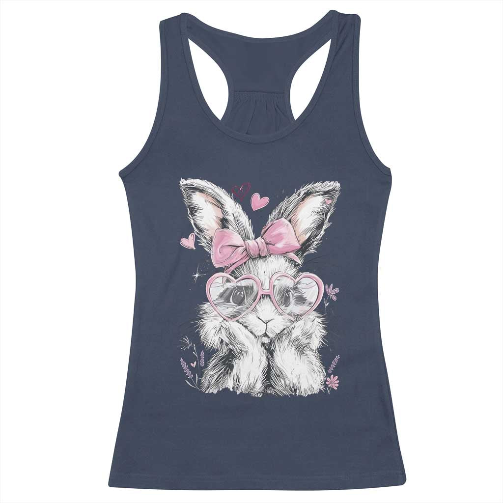 Cute Easter Bunny with Heart Glasses Pink Bow Racerback Tank Top Adorable Rabbit Love Aesthetic Gift
