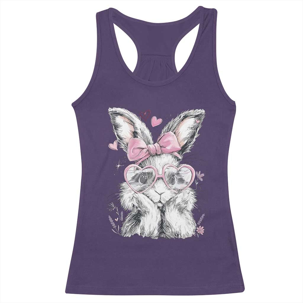 Cute Easter Bunny with Heart Glasses Pink Bow Racerback Tank Top Adorable Rabbit Love Aesthetic Gift