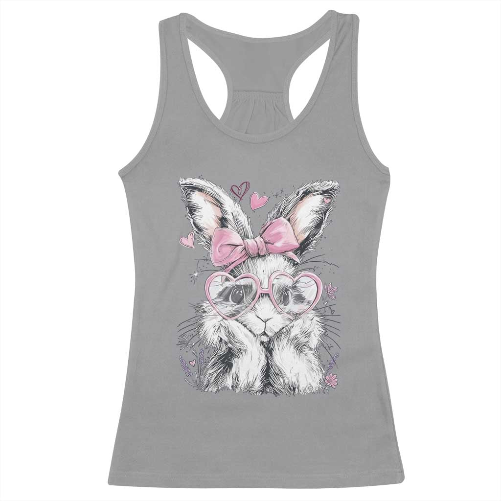 Cute Easter Bunny with Heart Glasses Pink Bow Racerback Tank Top Adorable Rabbit Love Aesthetic Gift