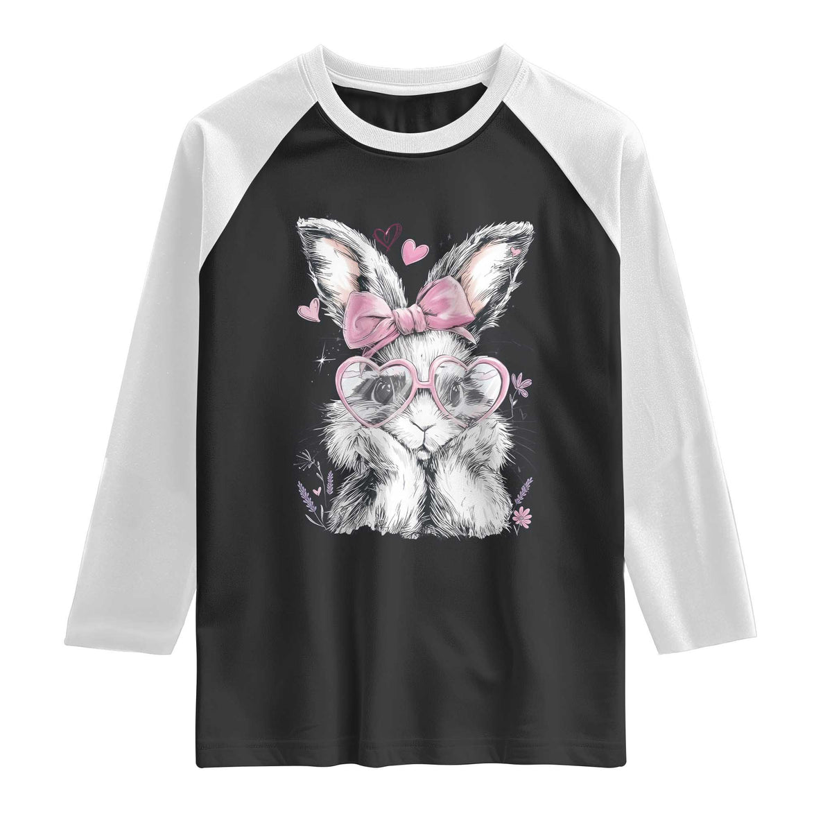 Cute Easter Bunny with Heart Glasses Pink Bow Raglan Shirt Adorable Rabbit Love Aesthetic Gift