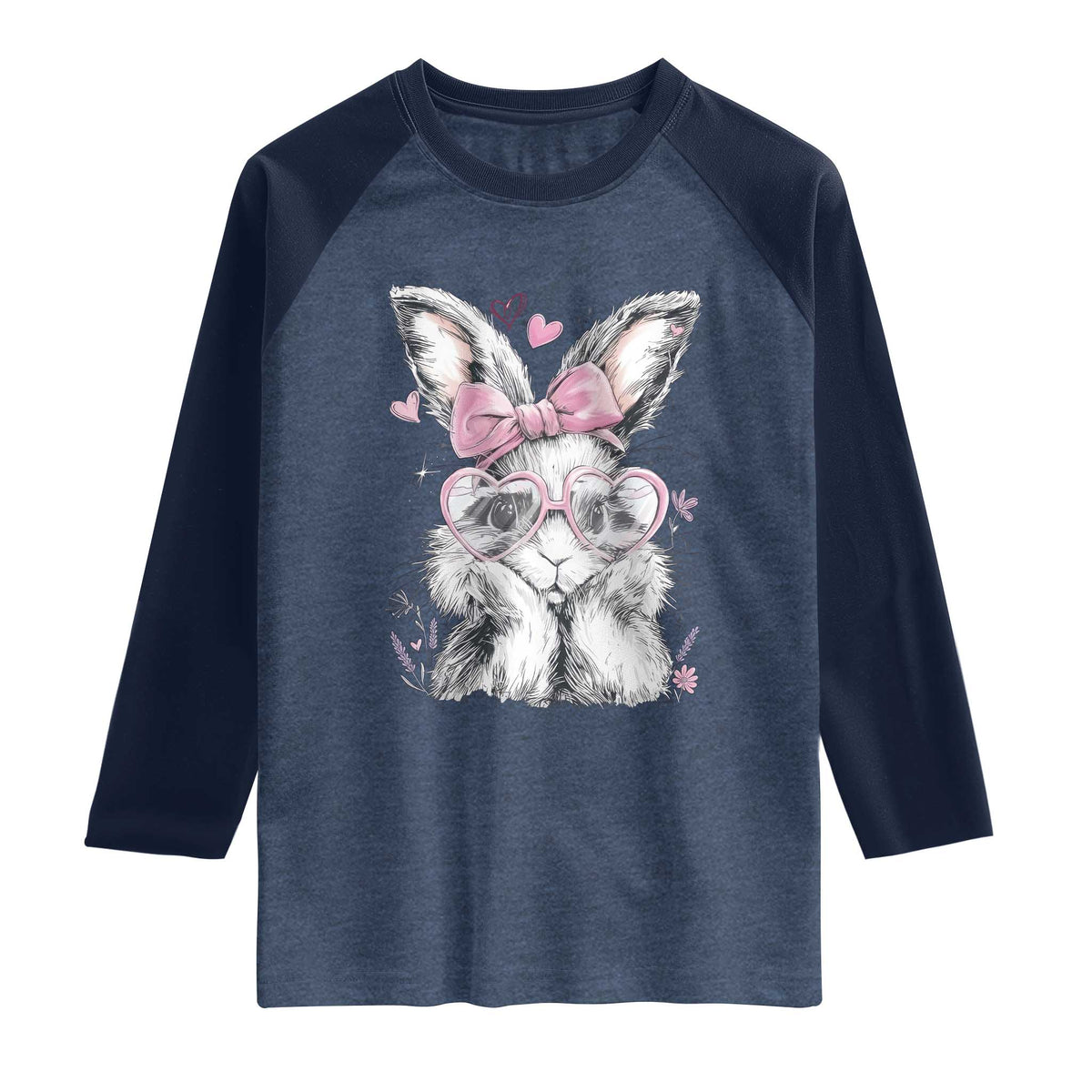 Cute Easter Bunny with Heart Glasses Pink Bow Raglan Shirt Adorable Rabbit Love Aesthetic Gift