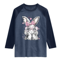 Cute Easter Bunny with Heart Glasses Pink Bow Raglan Shirt Adorable Rabbit Love Aesthetic Gift