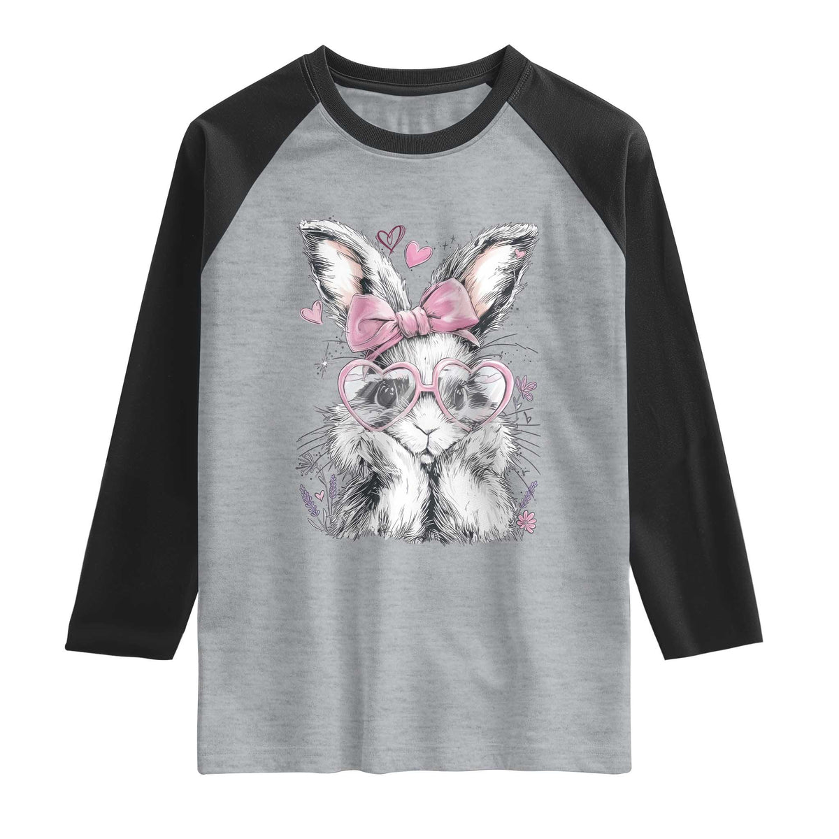 Cute Easter Bunny with Heart Glasses Pink Bow Raglan Shirt Adorable Rabbit Love Aesthetic Gift