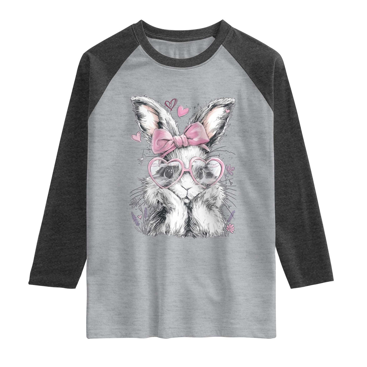 Cute Easter Bunny with Heart Glasses Pink Bow Raglan Shirt Adorable Rabbit Love Aesthetic Gift