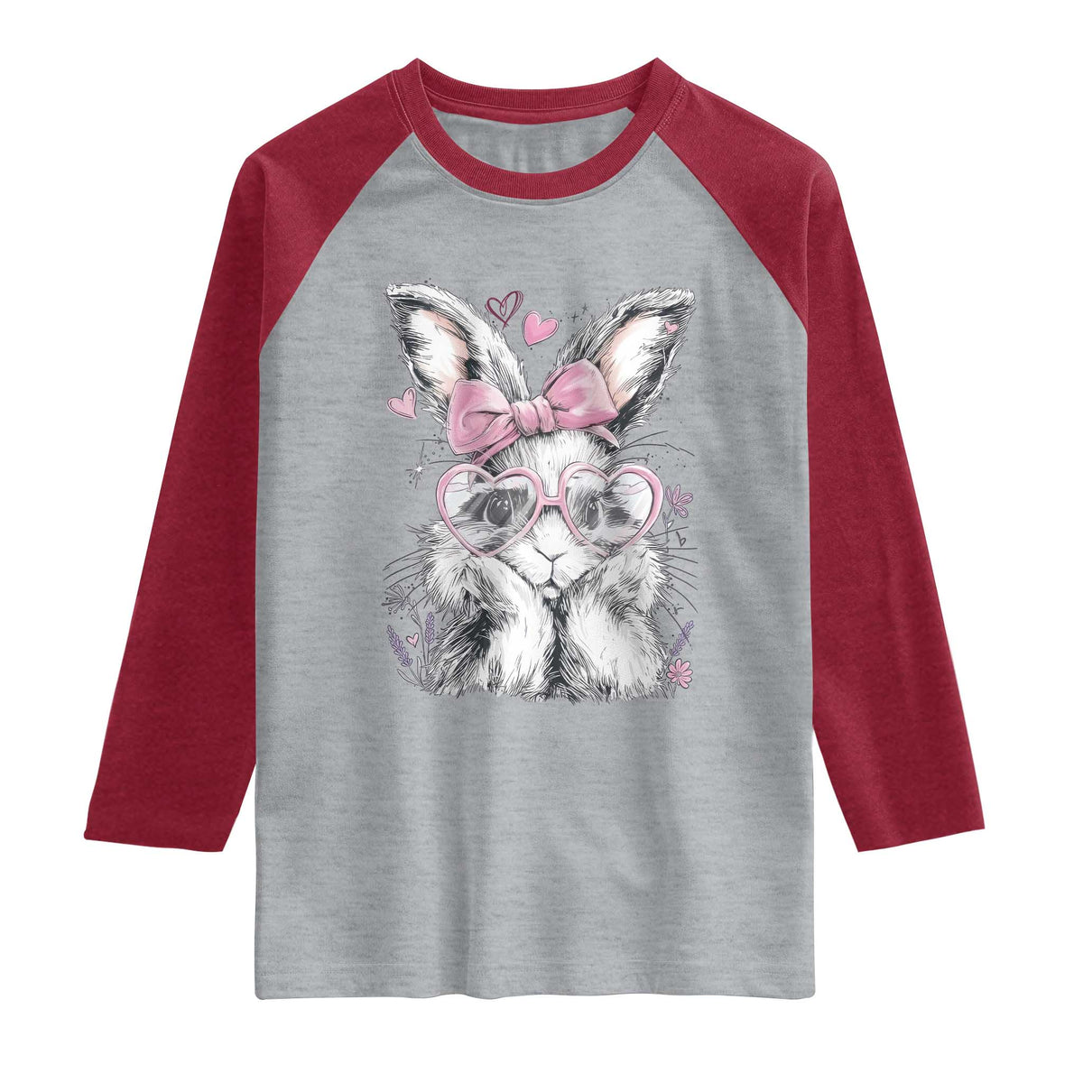 Cute Easter Bunny with Heart Glasses Pink Bow Raglan Shirt Adorable Rabbit Love Aesthetic Gift