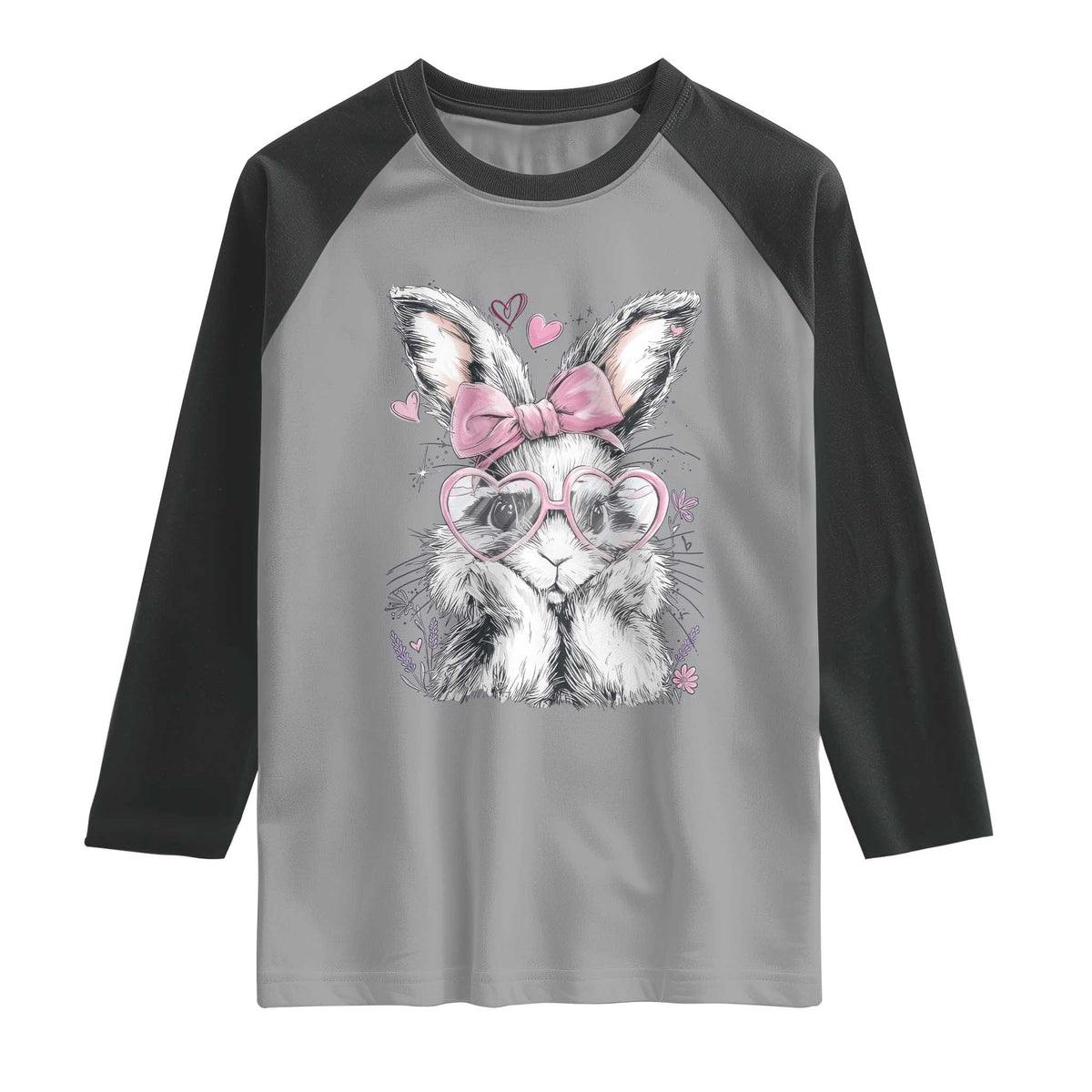 Cute Easter Bunny with Heart Glasses Pink Bow Raglan Shirt Adorable Rabbit Love Aesthetic Gift