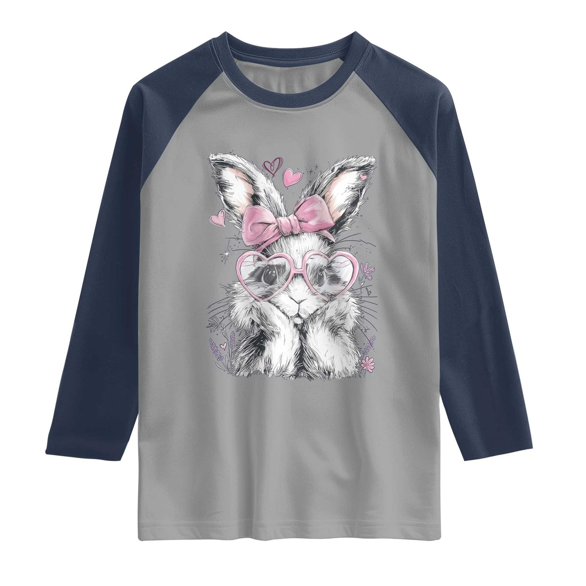 Cute Easter Bunny with Heart Glasses Pink Bow Raglan Shirt Adorable Rabbit Love Aesthetic Gift