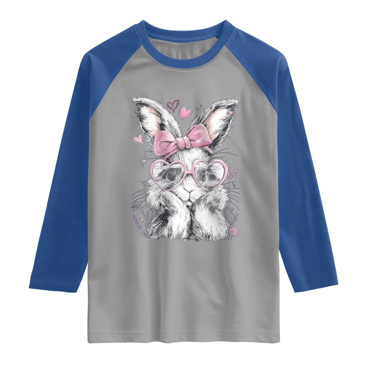 Cute Easter Bunny with Heart Glasses Pink Bow Raglan Shirt Adorable Rabbit Love Aesthetic Gift