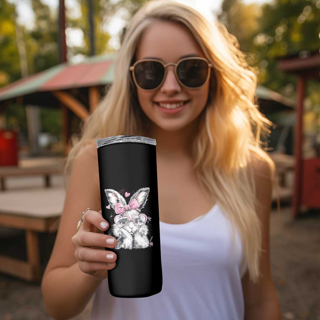 Cute Easter Bunny with Heart Glasses Pink Bow Skinny Tumbler Adorable Rabbit Love Aesthetic Gift