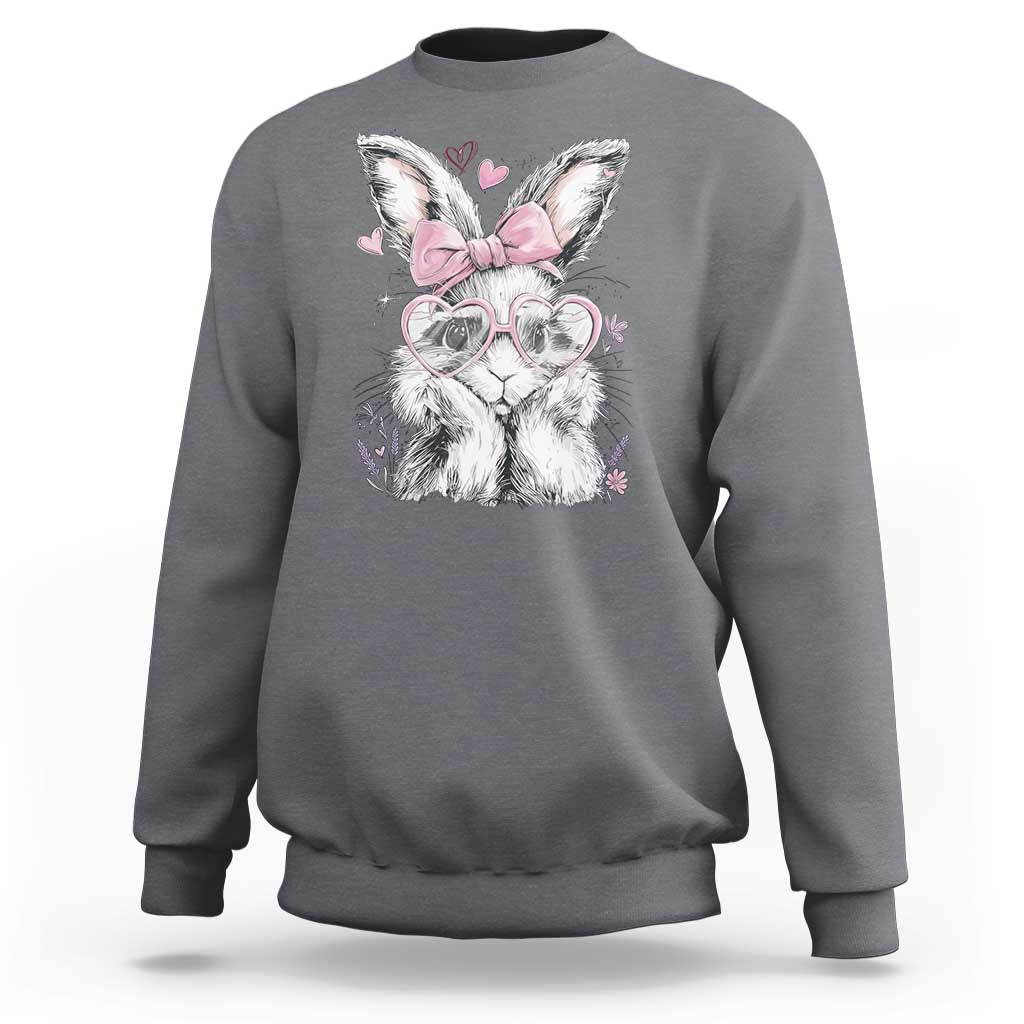 Cute Easter Bunny with Heart Glasses Pink Bow Sweatshirt Adorable Rabbit Love Aesthetic Gift