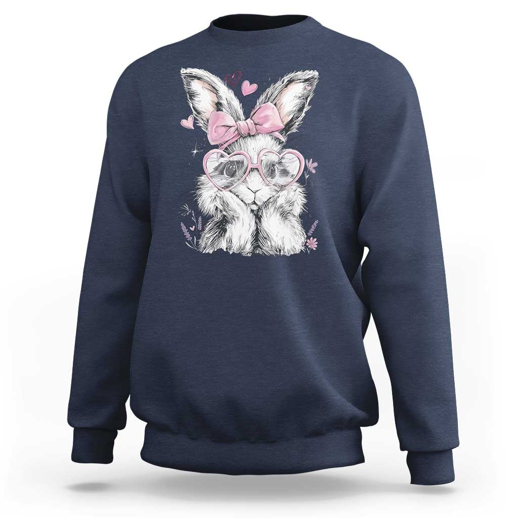 Cute Easter Bunny with Heart Glasses Pink Bow Sweatshirt Adorable Rabbit Love Aesthetic Gift