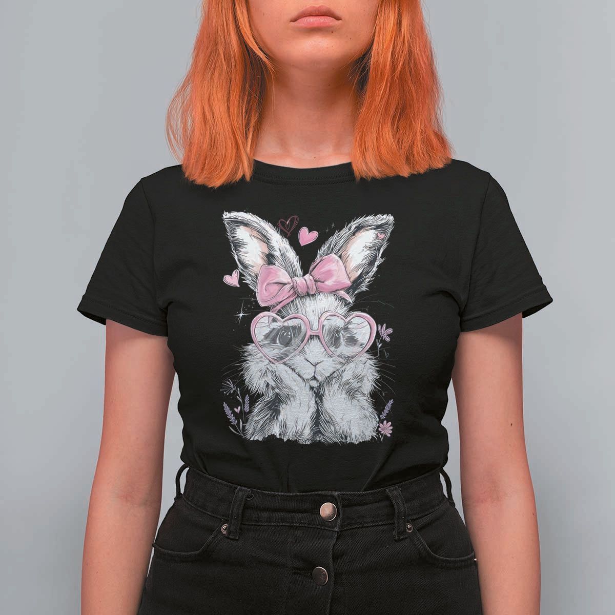 Cute Easter Bunny with Heart Glasses Pink Bow T Shirt For Women Adorable Rabbit Love Aesthetic Gift