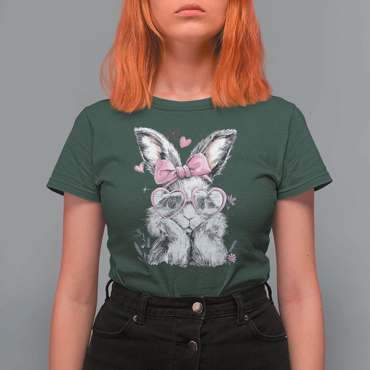 Cute Easter Bunny with Heart Glasses Pink Bow T Shirt For Women Adorable Rabbit Love Aesthetic Gift
