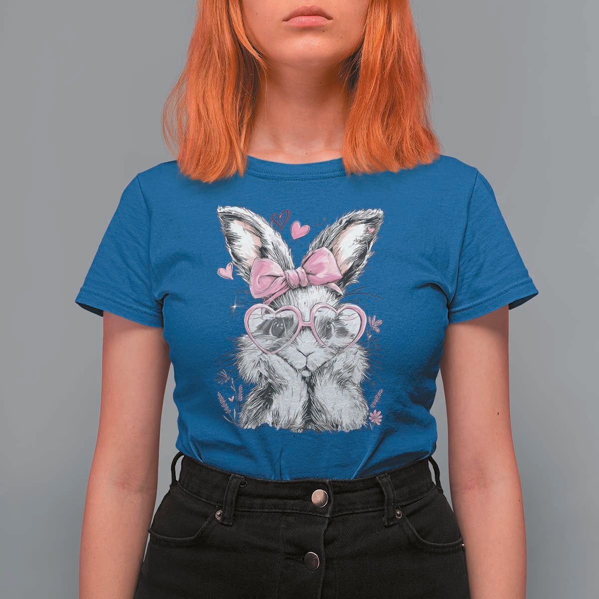 Cute Easter Bunny with Heart Glasses Pink Bow T Shirt For Women Adorable Rabbit Love Aesthetic Gift