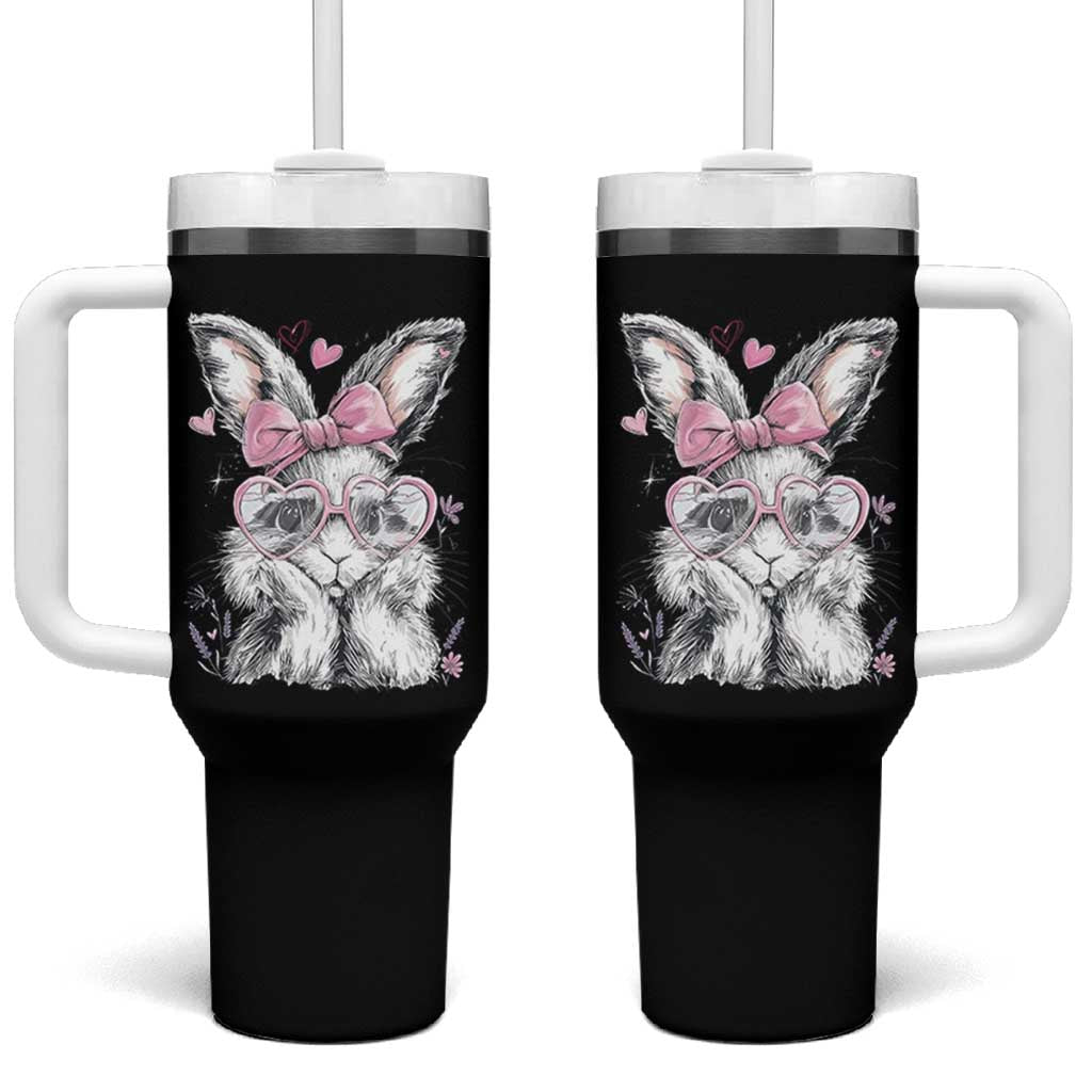 Cute Easter Bunny with Heart Glasses Pink Bow Tumbler With Handle Adorable Rabbit Love Aesthetic Gift