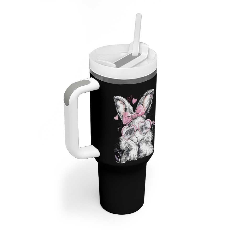 Cute Easter Bunny with Heart Glasses Pink Bow Tumbler With Handle Adorable Rabbit Love Aesthetic Gift