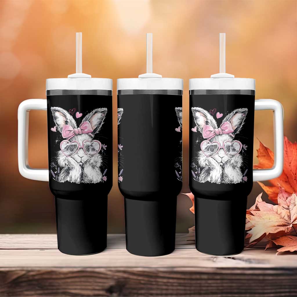 Cute Easter Bunny with Heart Glasses Pink Bow Tumbler With Handle Adorable Rabbit Love Aesthetic Gift