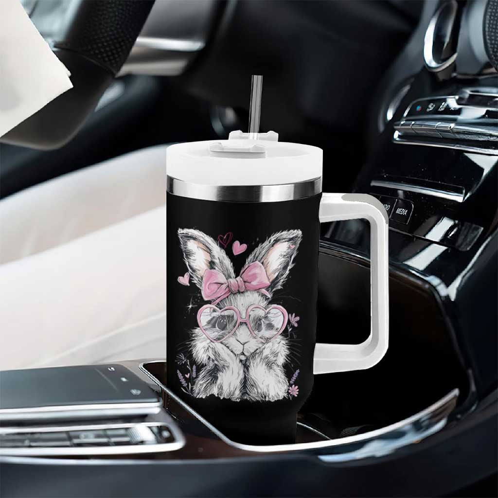 Cute Easter Bunny with Heart Glasses Pink Bow Tumbler With Handle Adorable Rabbit Love Aesthetic Gift