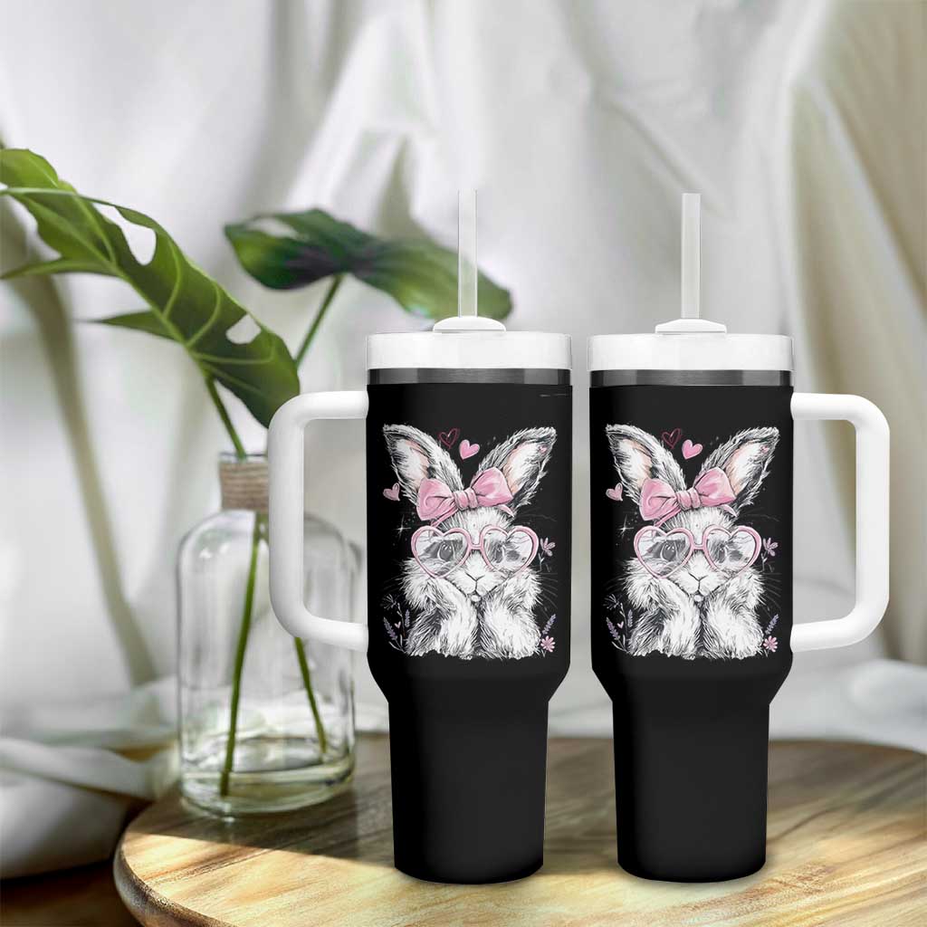 Cute Easter Bunny with Heart Glasses Pink Bow Tumbler With Handle Adorable Rabbit Love Aesthetic Gift