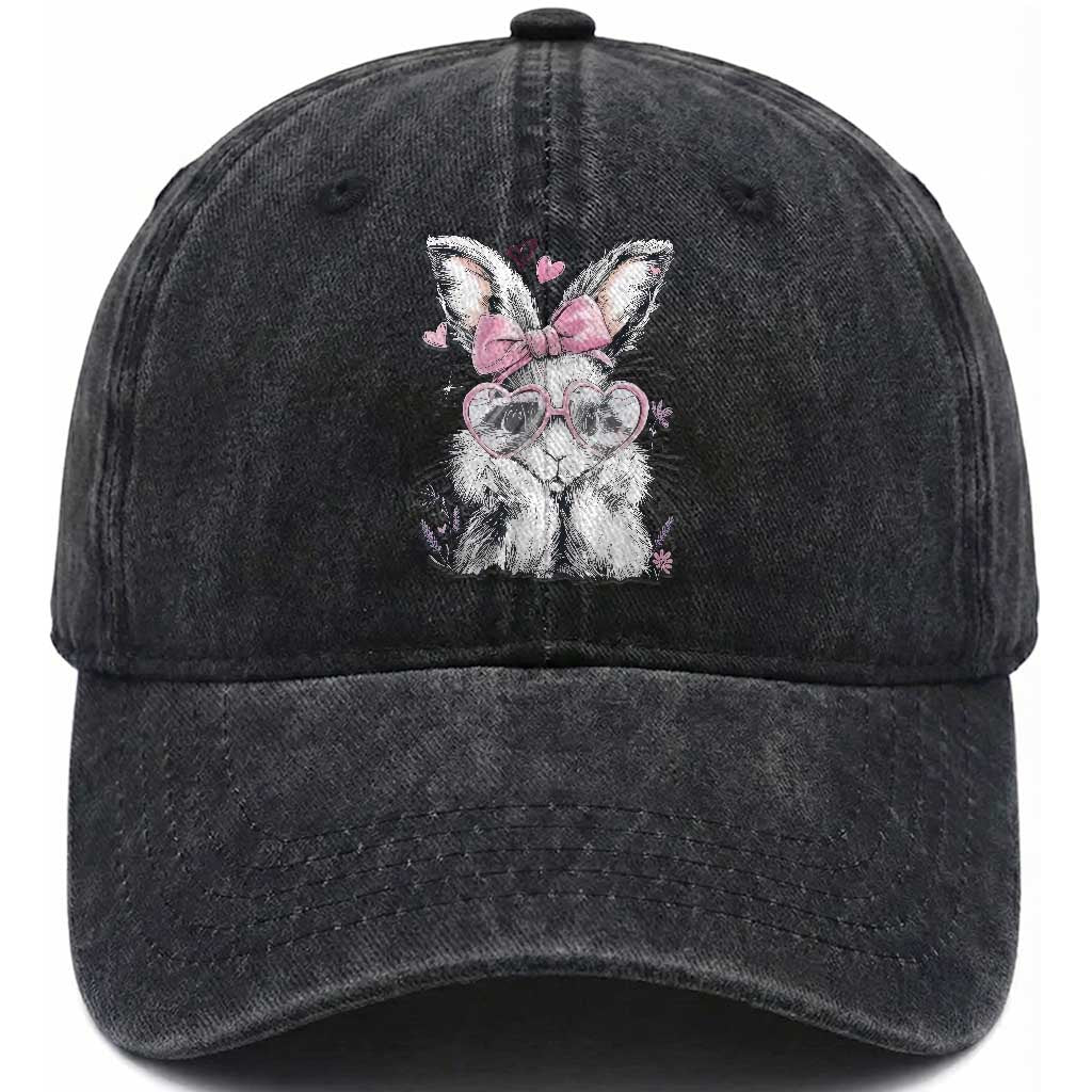 Cute Easter Bunny with Heart Glasses Pink Bow Washed Cotton Baseball Cap Adorable Rabbit Love Aesthetic Gift