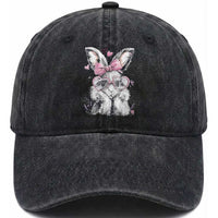 Cute Easter Bunny with Heart Glasses Pink Bow Washed Cotton Baseball Cap Adorable Rabbit Love Aesthetic Gift