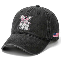 Cute Easter Bunny with Heart Glasses Pink Bow Washed Cotton Baseball Cap Adorable Rabbit Love Aesthetic Gift