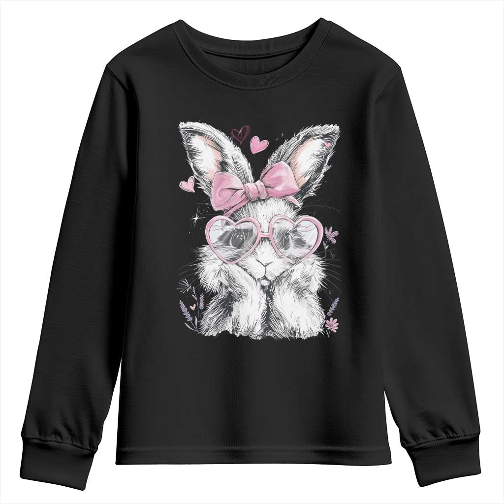 Cute Easter Bunny with Heart Glasses Pink Bow Youth Sweatshirt Adorable Rabbit Love Aesthetic Gift