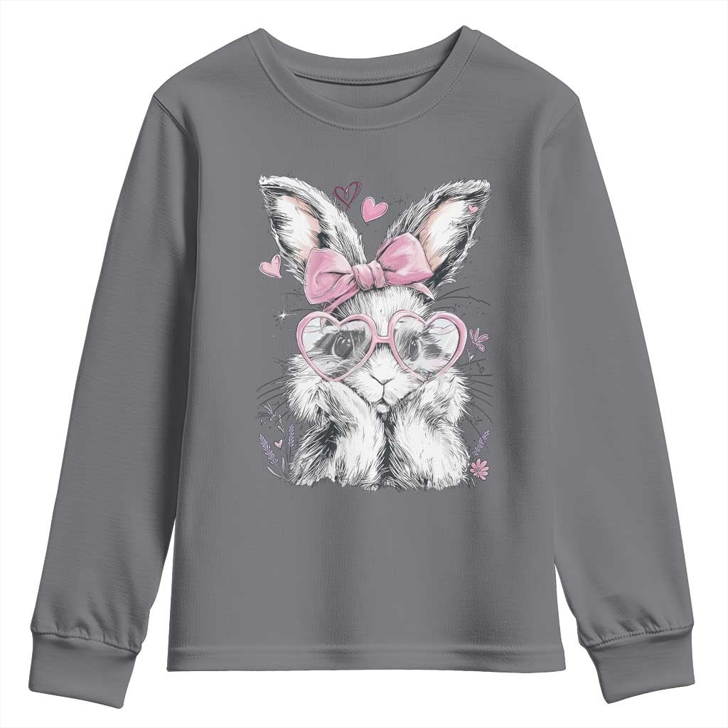 Cute Easter Bunny with Heart Glasses Pink Bow Youth Sweatshirt Adorable Rabbit Love Aesthetic Gift
