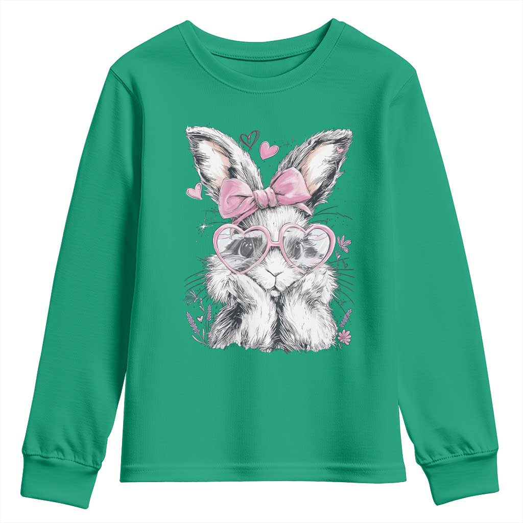 Cute Easter Bunny with Heart Glasses Pink Bow Youth Sweatshirt Adorable Rabbit Love Aesthetic Gift