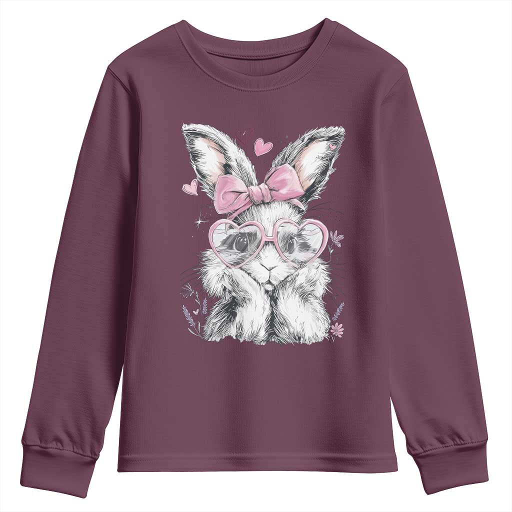 Cute Easter Bunny with Heart Glasses Pink Bow Youth Sweatshirt Adorable Rabbit Love Aesthetic Gift