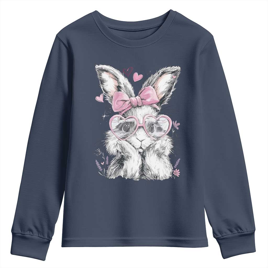 Cute Easter Bunny with Heart Glasses Pink Bow Youth Sweatshirt Adorable Rabbit Love Aesthetic Gift