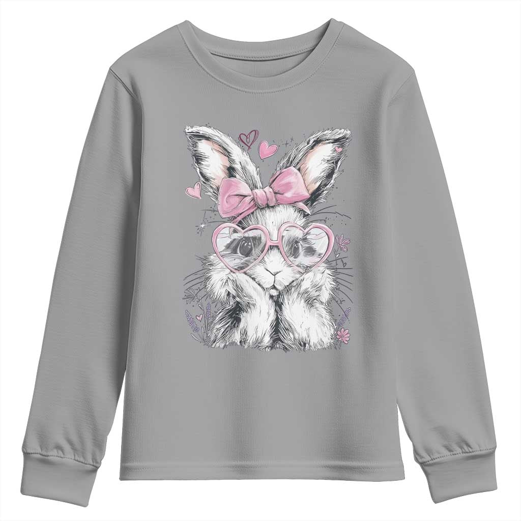 Cute Easter Bunny with Heart Glasses Pink Bow Youth Sweatshirt Adorable Rabbit Love Aesthetic Gift