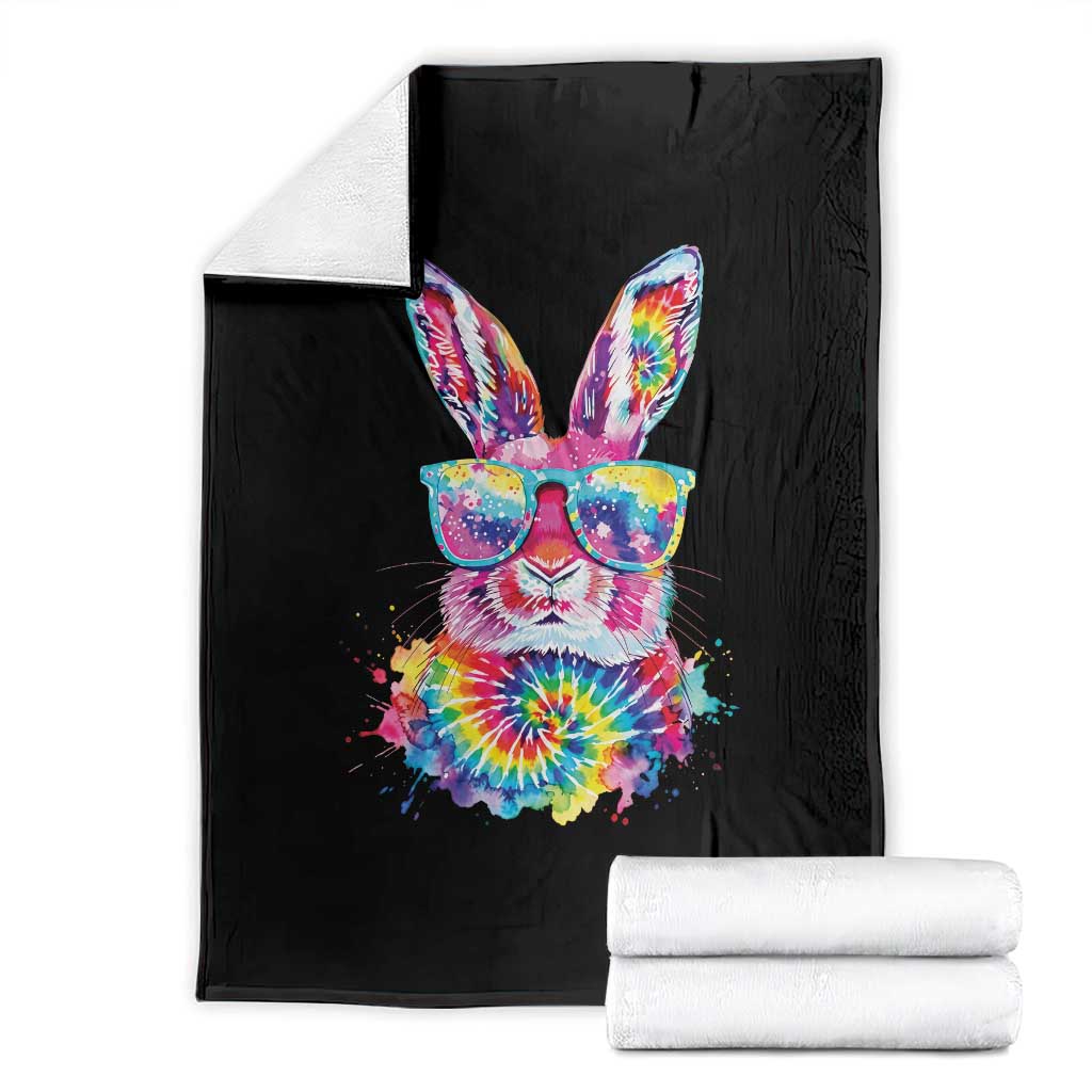 Colorful Tie Dye Bunny with Sunglasses Throw Blanket Cool Easter Rabbit Retro Hippie Vibe Graphic Gift