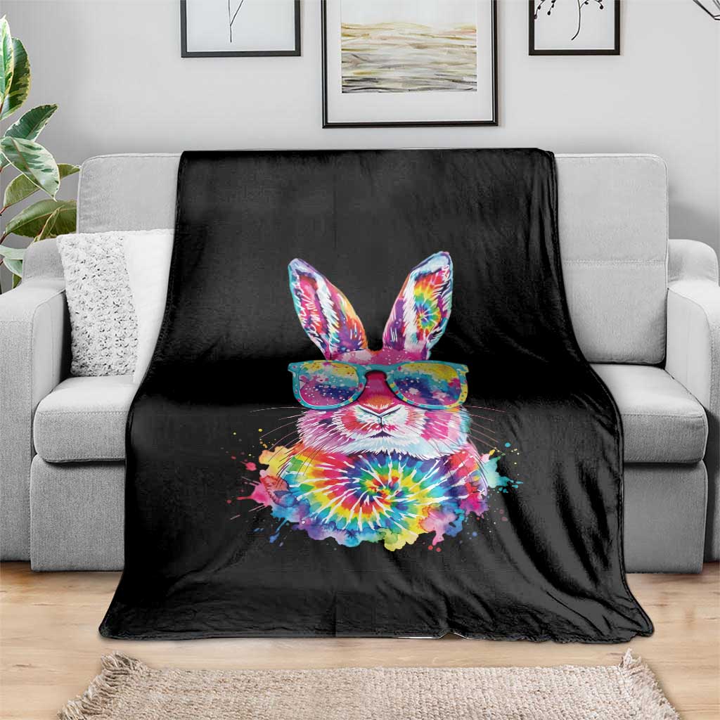 Colorful Tie Dye Bunny with Sunglasses Throw Blanket Cool Easter Rabbit Retro Hippie Vibe Graphic Gift
