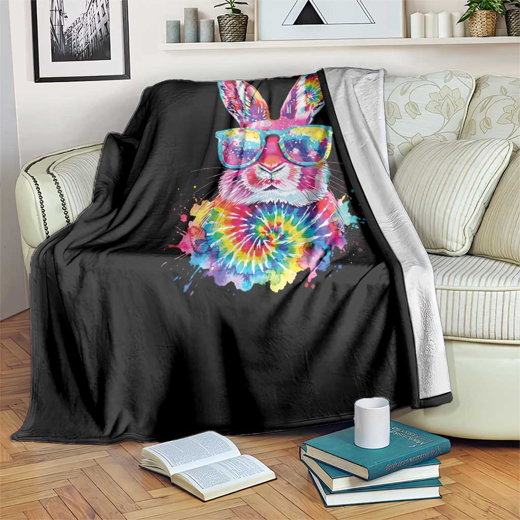 Colorful Tie Dye Bunny with Sunglasses Throw Blanket Cool Easter Rabbit Retro Hippie Vibe Graphic Gift