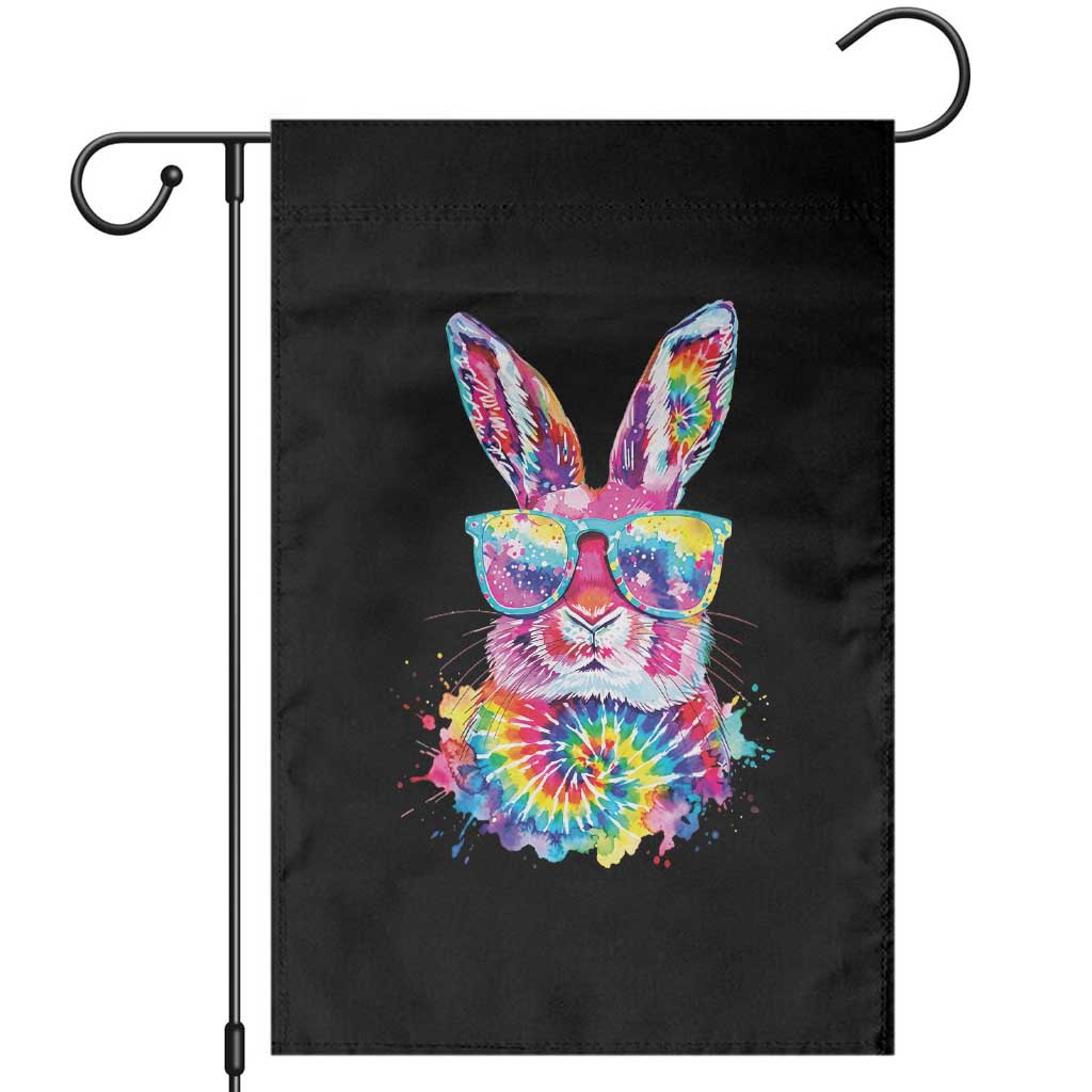 Colorful Tie Dye Bunny with Sunglasses Garden Flag Cool Easter Rabbit Retro Hippie Vibe Graphic Gift