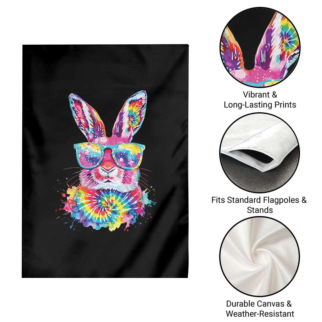 Colorful Tie Dye Bunny with Sunglasses Garden Flag Cool Easter Rabbit Retro Hippie Vibe Graphic Gift