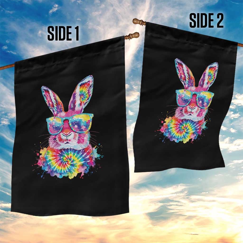 Colorful Tie Dye Bunny with Sunglasses Garden Flag Cool Easter Rabbit Retro Hippie Vibe Graphic Gift