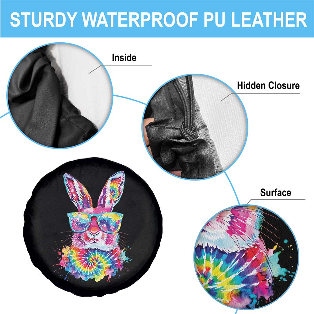 Colorful Tie Dye Bunny with Sunglasses Spare Tire Cover Cool Easter Rabbit Retro Hippie Vibe Graphic Gift