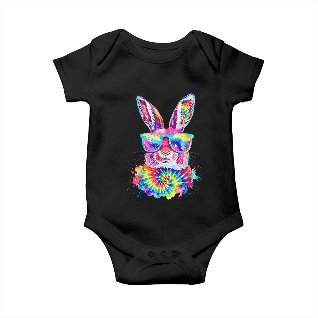 Colorful Tie Dye Bunny with Sunglasses Baby Onesie Cool Easter Rabbit Retro Hippie Vibe Graphic Gift