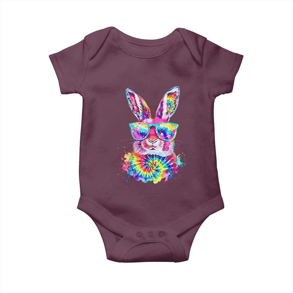 Colorful Tie Dye Bunny with Sunglasses Baby Onesie Cool Easter Rabbit Retro Hippie Vibe Graphic Gift