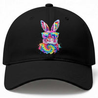 Colorful Tie Dye Bunny with Sunglasses Baseball Cap Cool Easter Rabbit Retro Hippie Vibe Graphic Gift