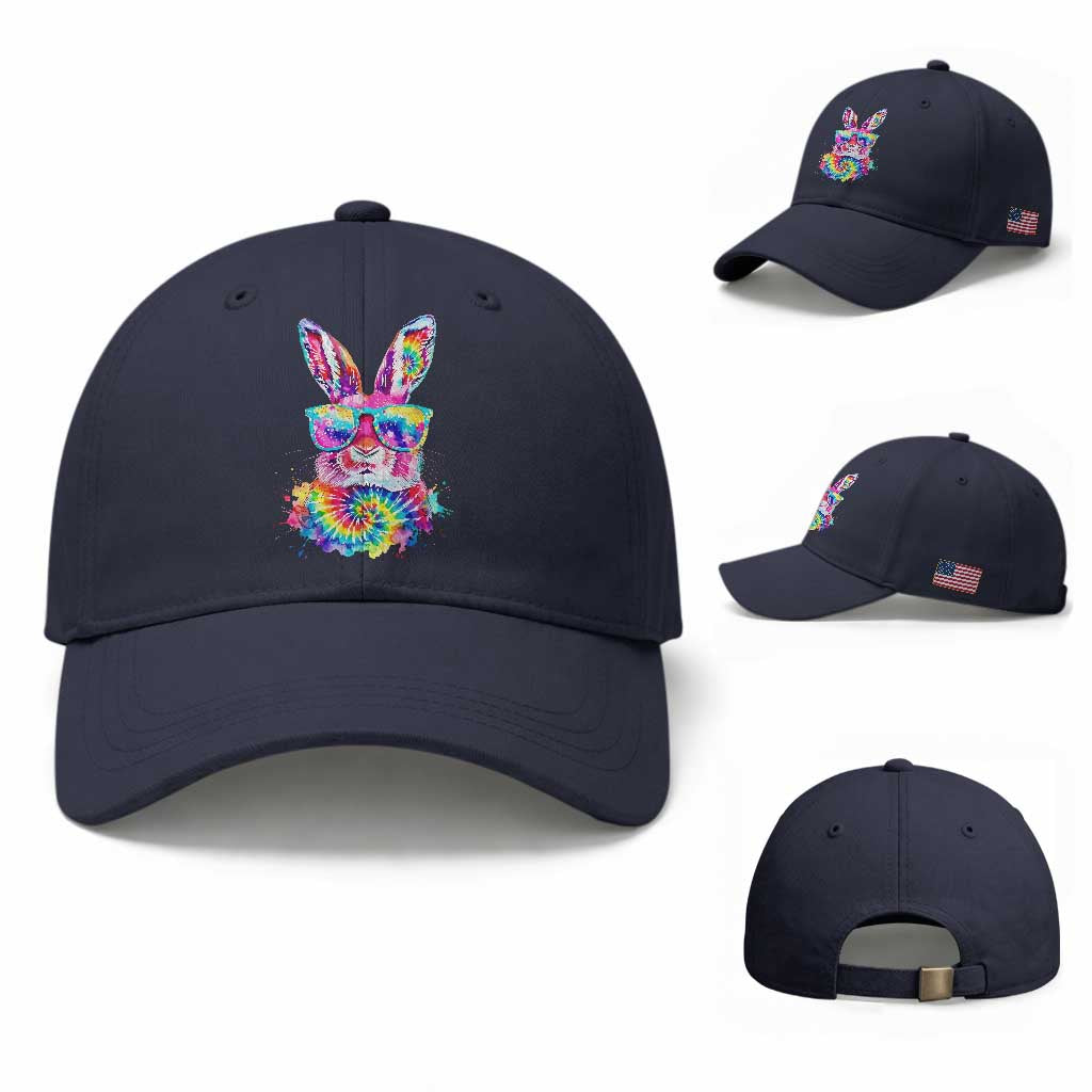 Colorful Tie Dye Bunny with Sunglasses Baseball Cap Cool Easter Rabbit Retro Hippie Vibe Graphic Gift