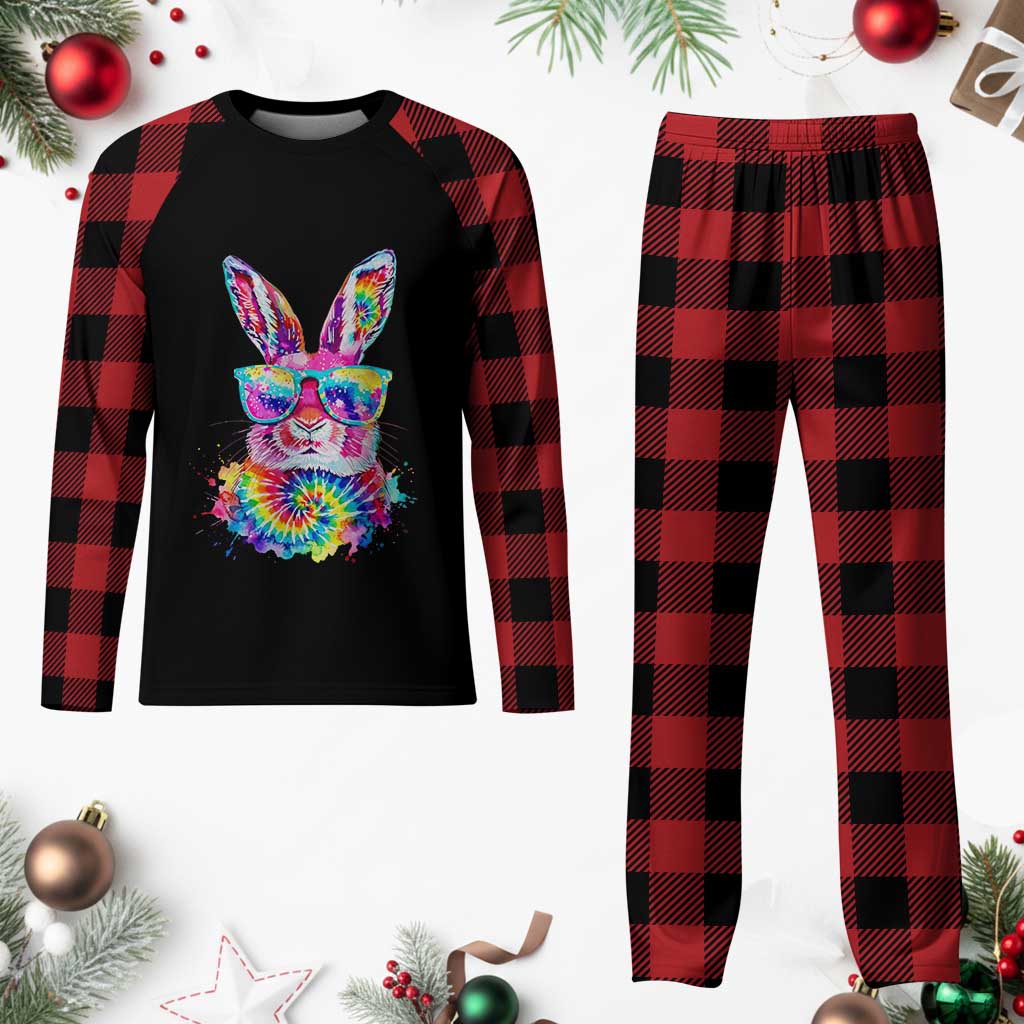 Colorful Tie Dye Bunny with Sunglasses Plaid Pajama Set Cool Easter Rabbit Retro Hippie Vibe Graphic Gift